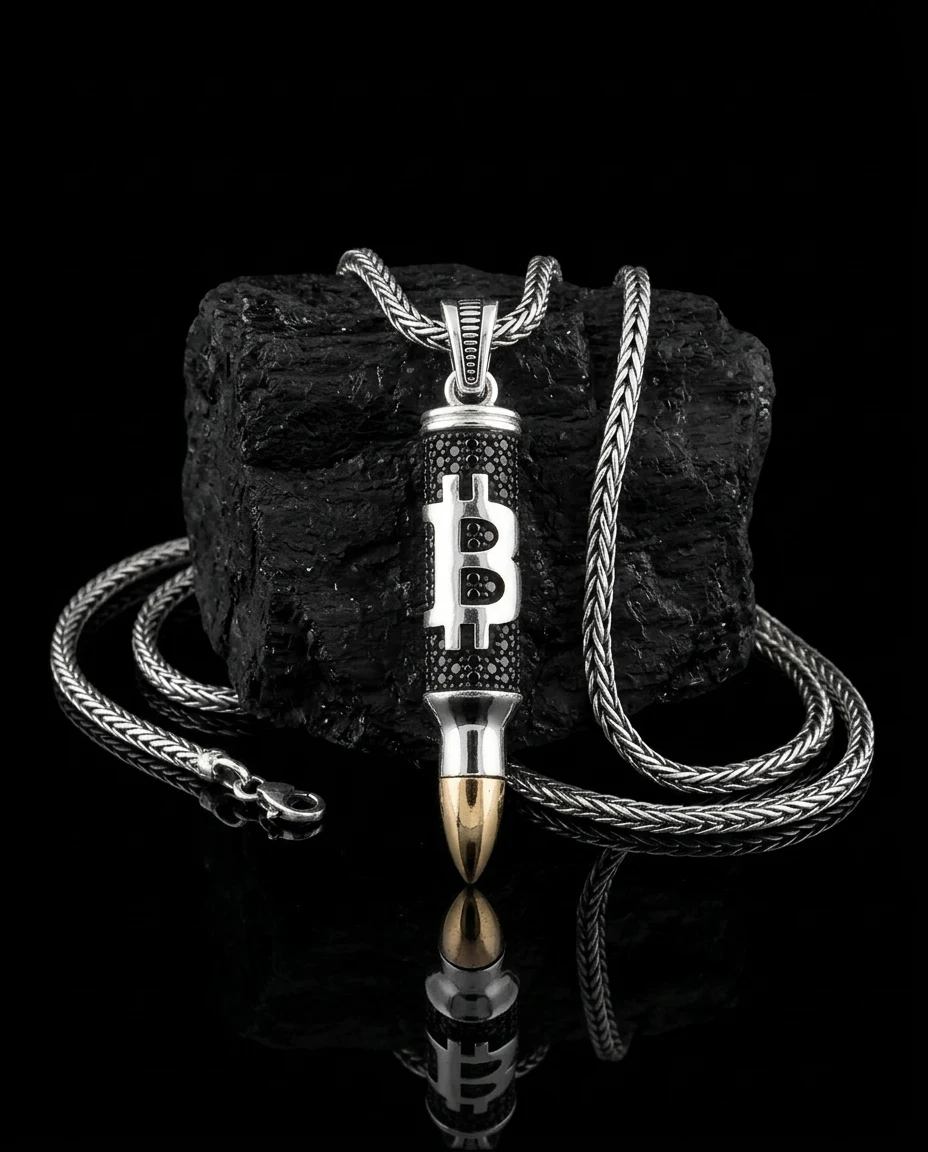 Gümüş Bitcoin Simgeli Altın Uçlu Mermi Kolye Ucu ürün görseli