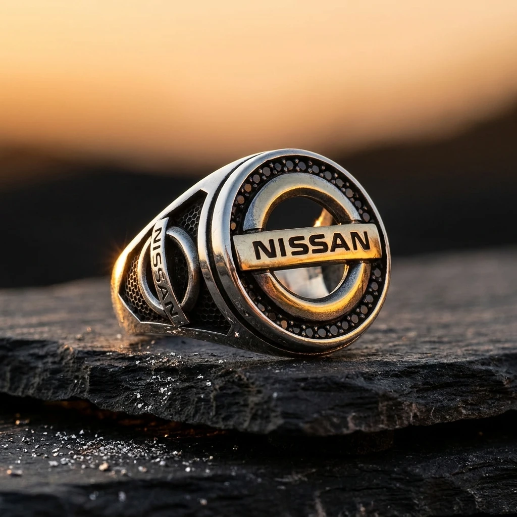 Nissan Logolu ve Siyah Mikro Taşlı Erkek Yüzüğü ürün görseli