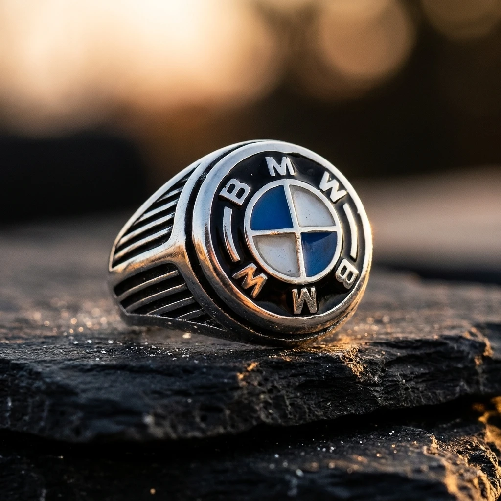 BMW Logolu ve Yanları Izgara Desenli Erkek Yüzüğü ürün görseli