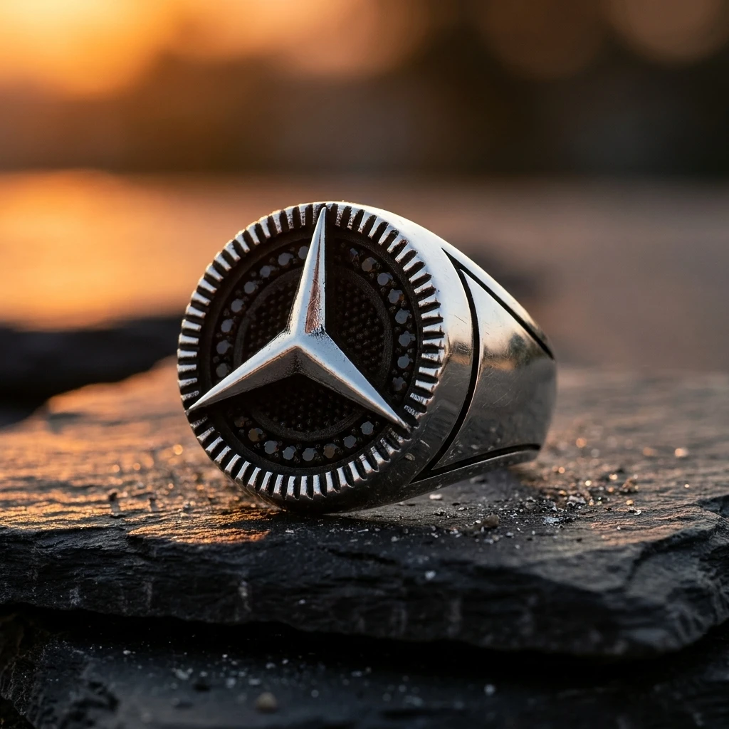 Dişli Çerçeve Tasarımlı ve Mercedes Logolu Erkek Yüzüğü ürün görseli