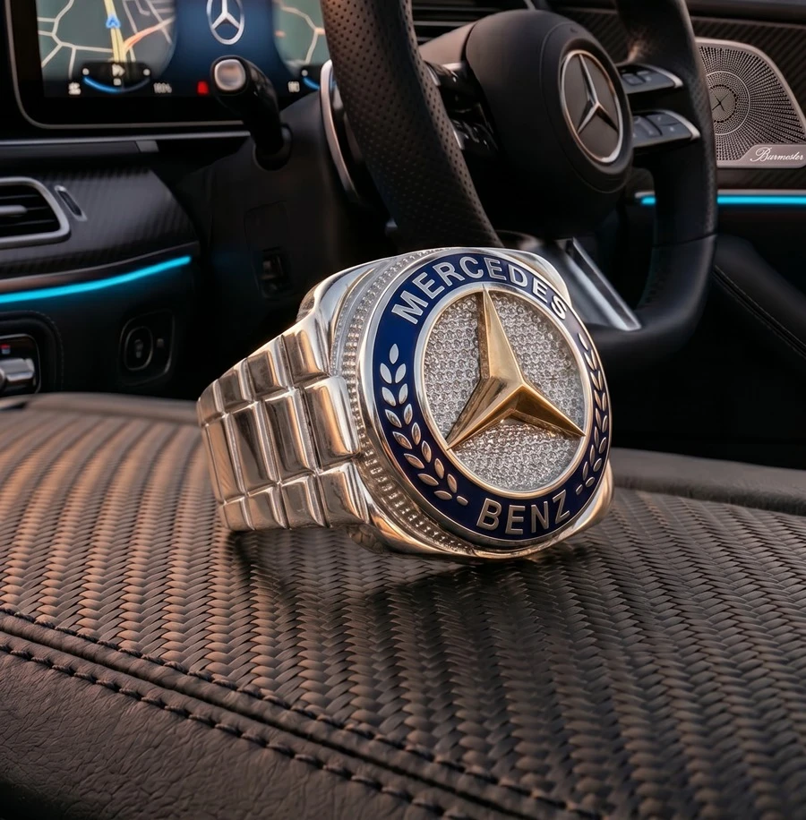 Lacivert Emaye ve Rose Yıldızlı Mercedes Erkek Yüzüğü ürün görseli