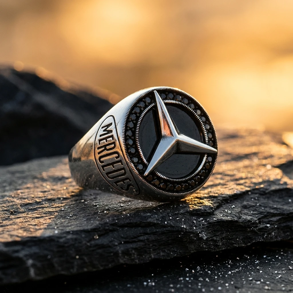 Yanı Yazılı ve Siyah Taşlı Mercedes Erkek Yüzüğü ürün görseli