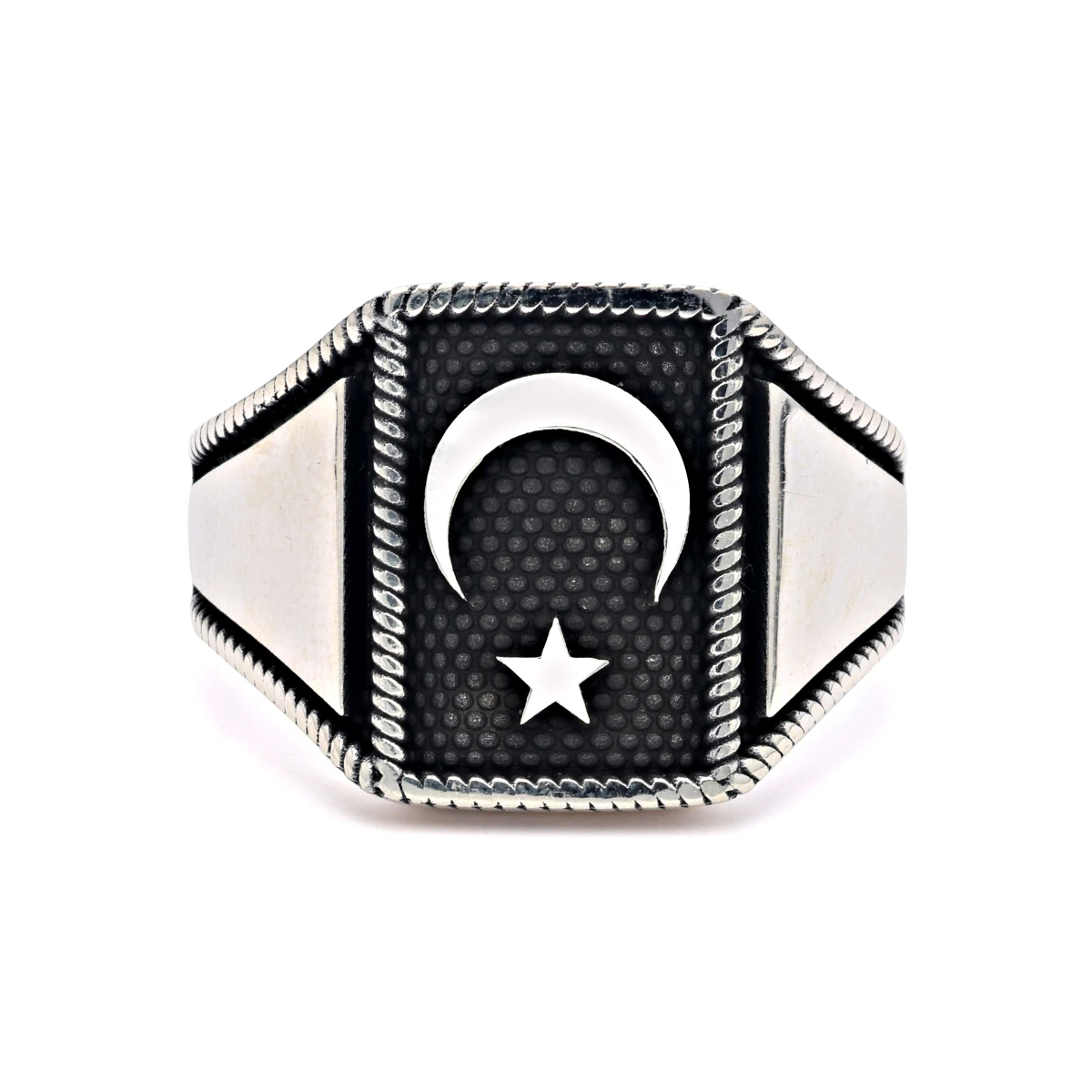 Modern Kare Form Ay Yıldızlı Erkek Yüzüğü ürün görseli
