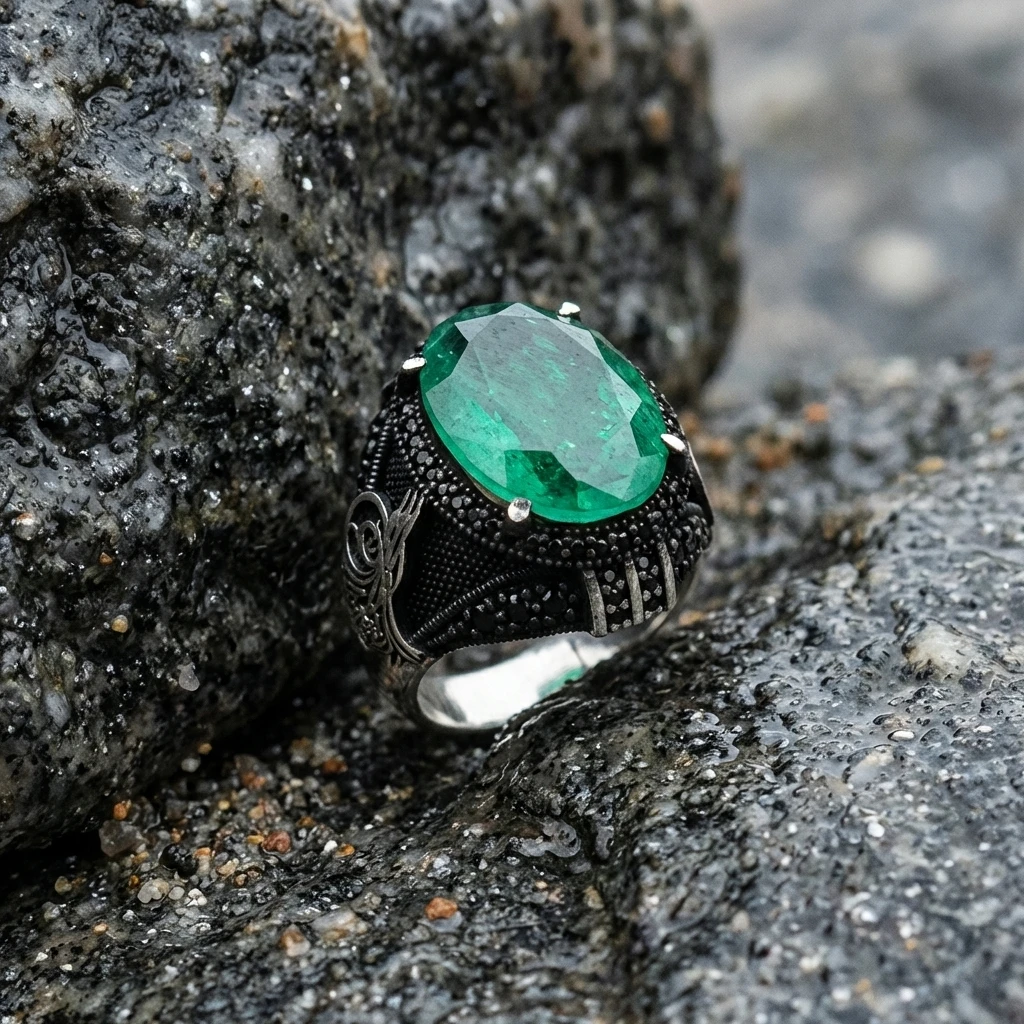 Paraiba Osmanlı Tuğra Tasarım Mikro Taş Gümüş Erkek Yüzüğü ürün görseli