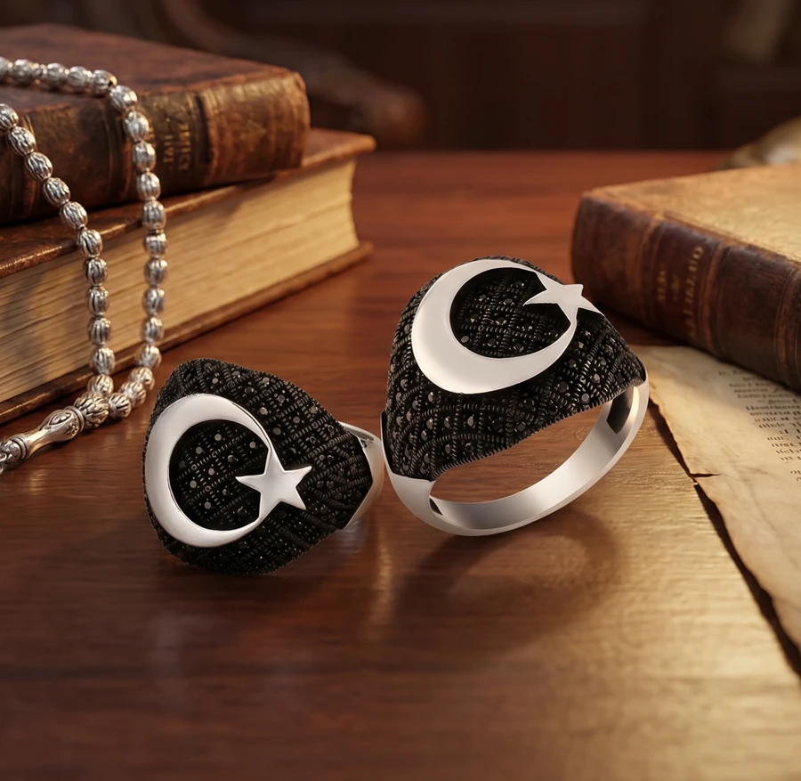 Milli Hafıza Ay Yıldız Rölyefli Gümüş Erkek Yüzük ürün görseli
