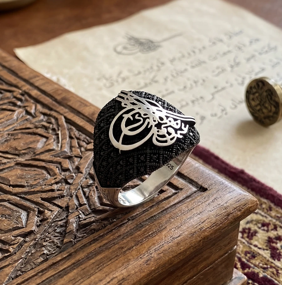 Cihanşümul Osmanlı Tuğralı Gümüş Erkek Yüzük ürün görseli