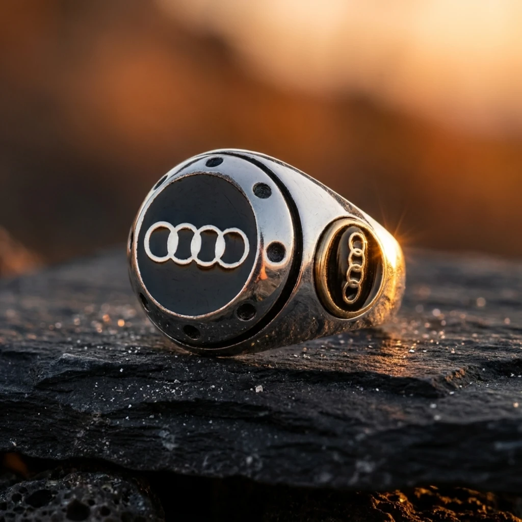 Audi Logolu ve Siyah Mineli Erkek Yüzüğü ürün görseli