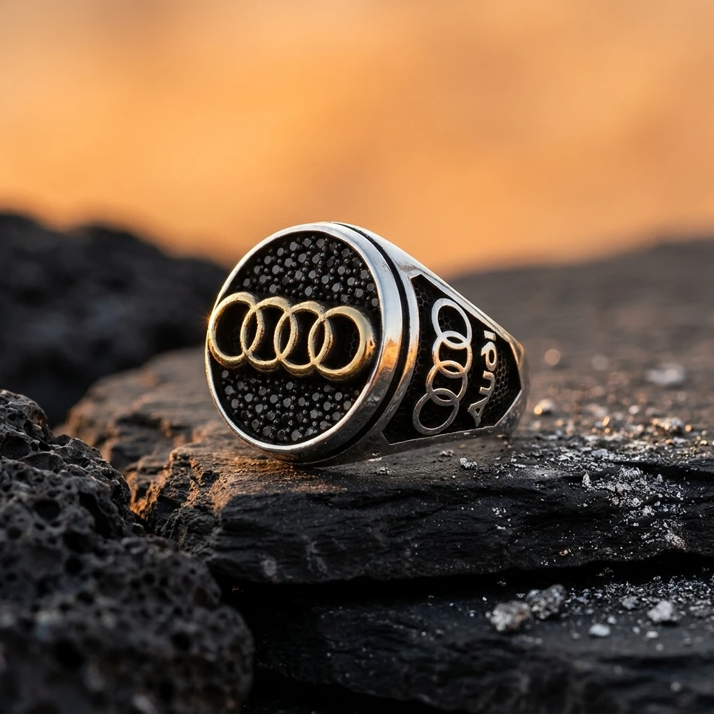 Audi Logolu ve Siyah Mikro Taşlı Erkek Yüzüğü ürün görseli