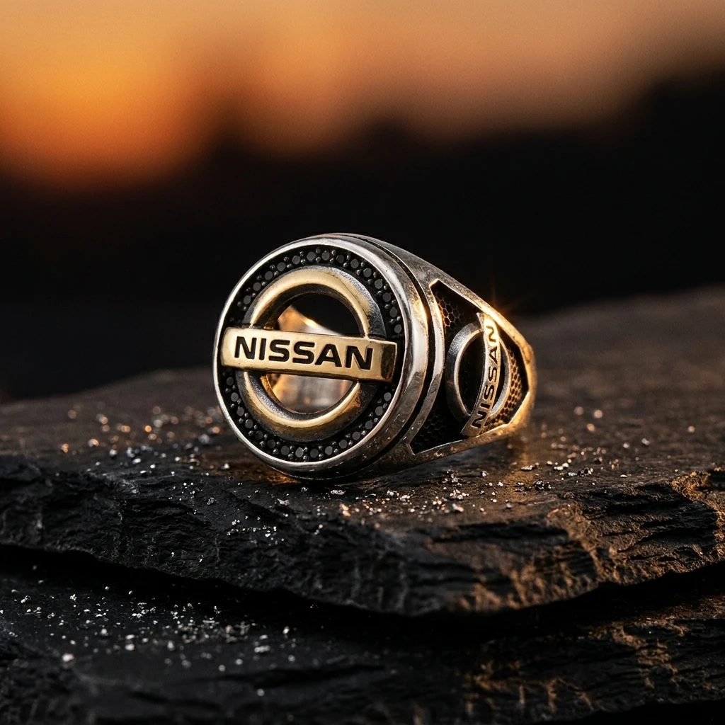 Nissan Logolu ve Siyah Mikro Taşlı Erkek Yüzüğü ürün görseli