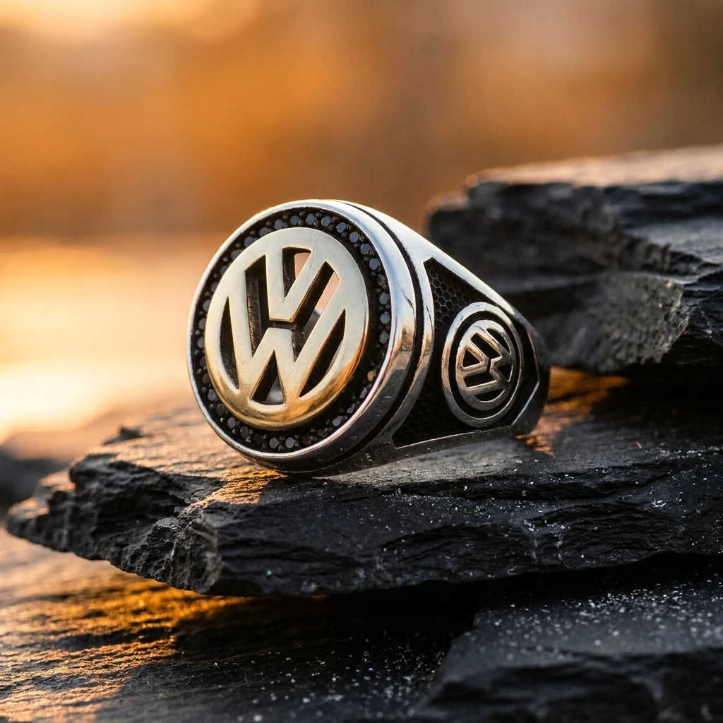 Volkswagen Logolu ve Siyah Mikro Taşlı Erkek Yüzüğü ürün görseli