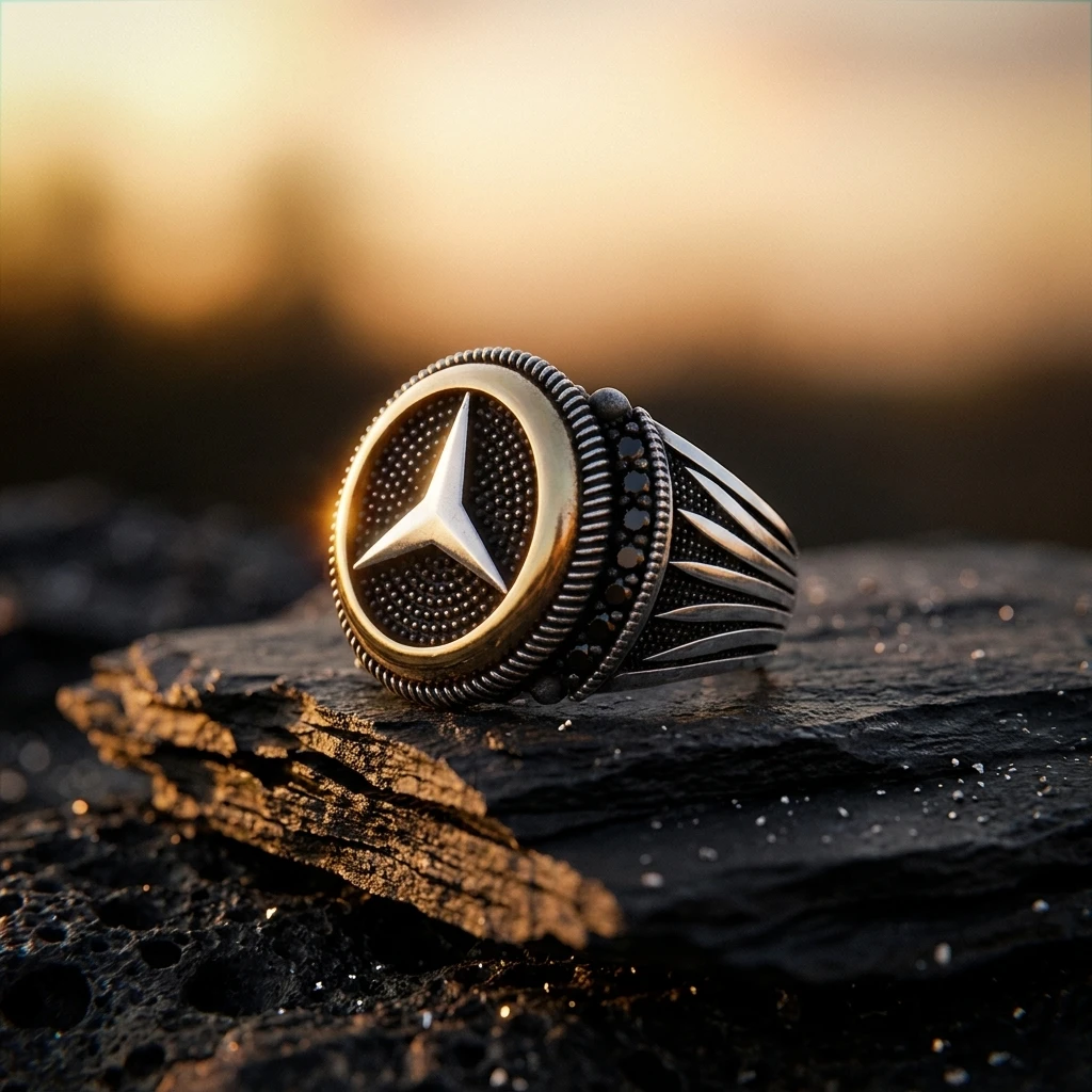 Altın Detaylı Mercedes Logolu ve Siyah Taşlı Erkek Yüzüğü ürün görseli