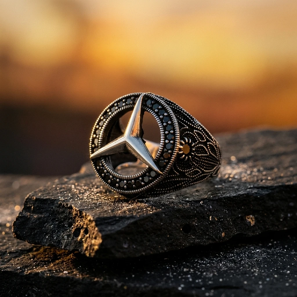 Ortası Boşluklu Mercedes Yıldızı ve Siyah Taşlı Erkek Yüzüğü ürün görseli