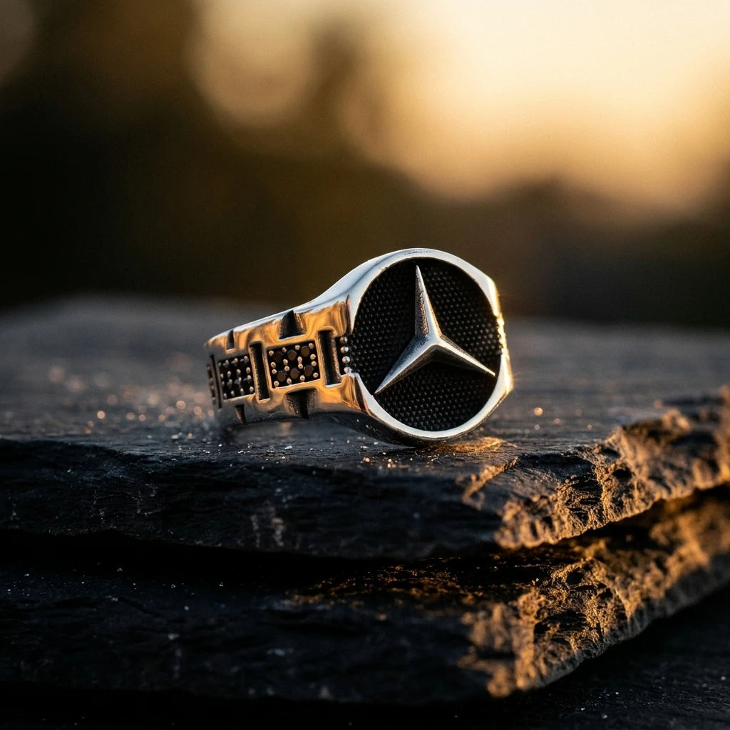 Mat Siyah Zeminli Mercedes Logolu Erkek Yüzüğü ürün görseli