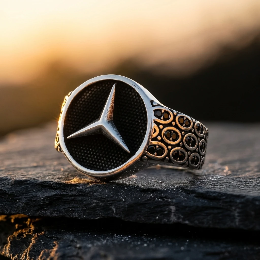 Yanları Halka Desenli ve Mercedes Logolu Erkek Yüzüğü ürün görseli
