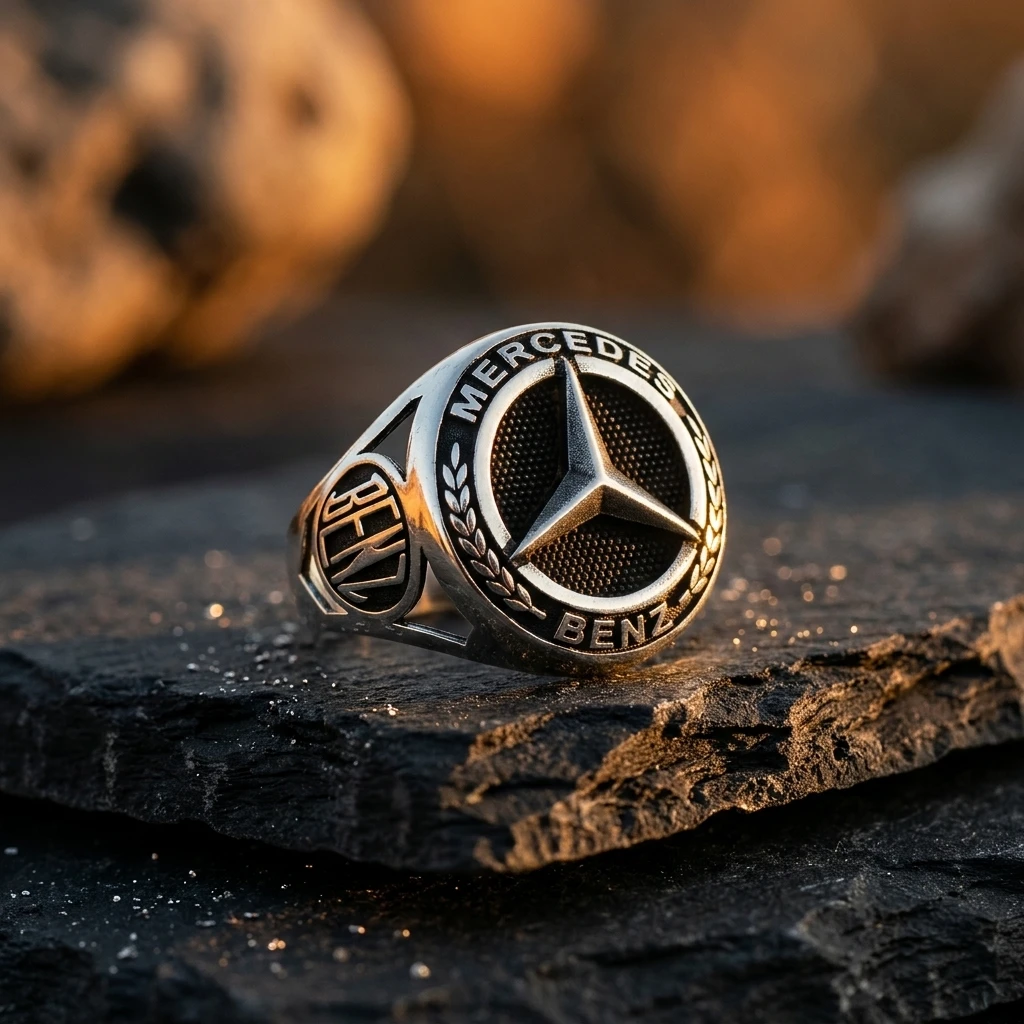 Defne Dalı İşlemeli ve Yanı Mühürlü Mercedes Erkek Yüzüğü ürün görseli