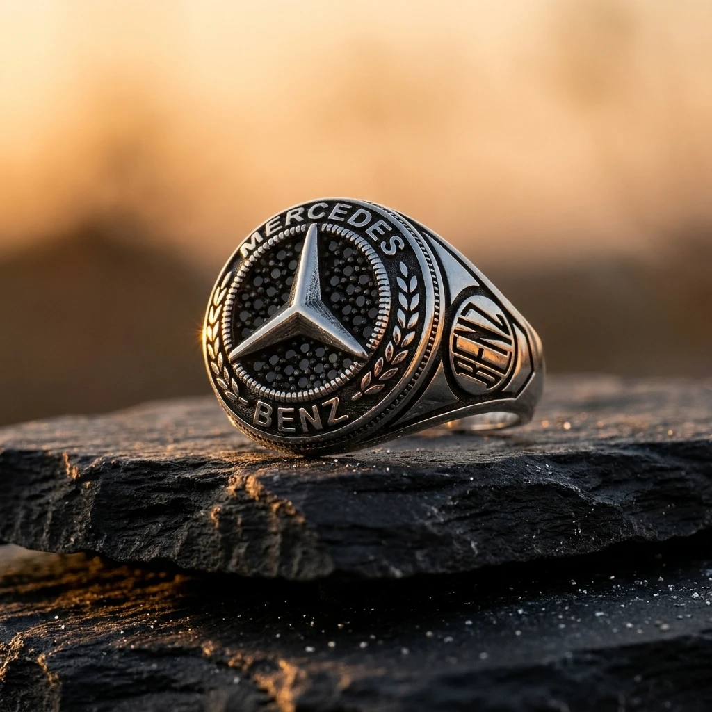 Siyah Taşlı ve Defne Dalı İşlemeli Mercedes Erkek Yüzüğü ürün görseli