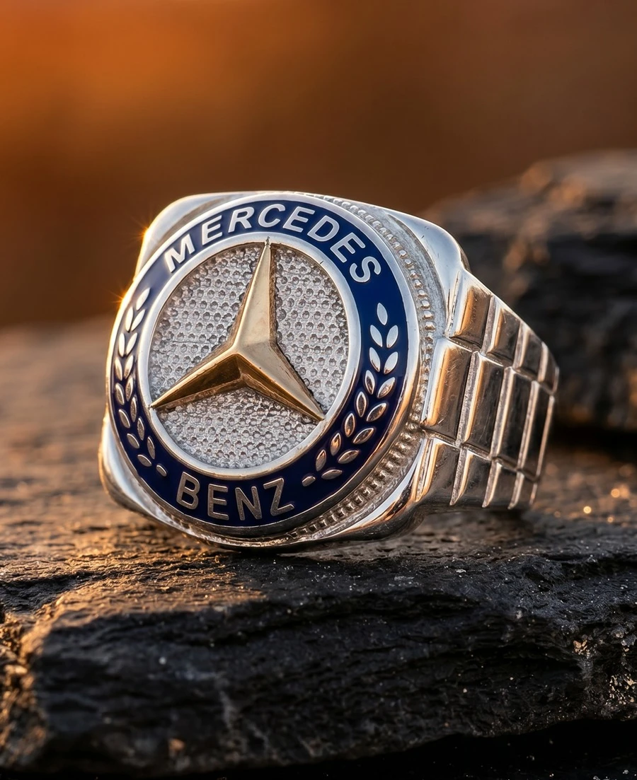 Lacivert Emaye ve Rose Yıldızlı Mercedes Erkek Yüzüğü ürün görseli