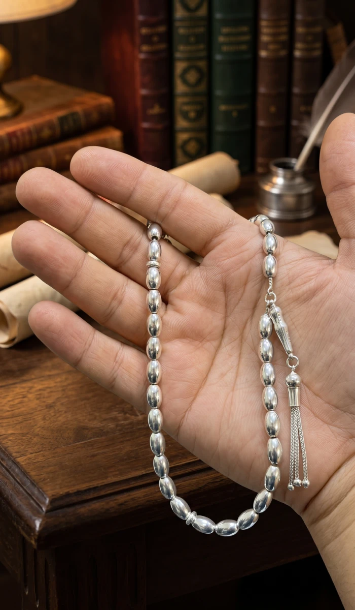 Sade ve Klasik Zarafet: Pürüzsüz Arpa Kesim Gümüş Tesbih