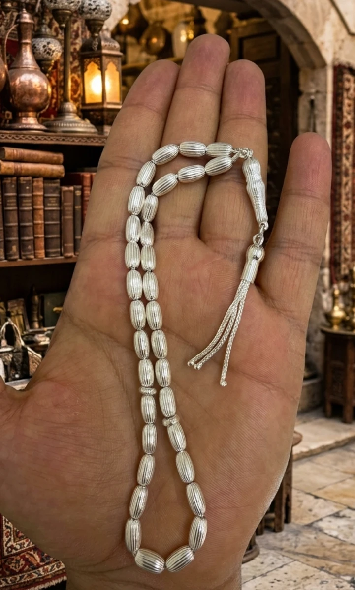 Dilimli Arpa Kesim 925 Ayar Gümüş Tesbih