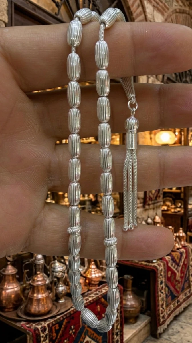 Dilimli Arpa Kesim 925 Ayar Gümüş Tesbih