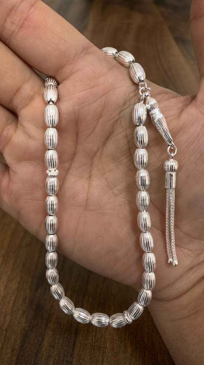Dilimli Arpa Kesim 925 Ayar Gümüş Tesbih