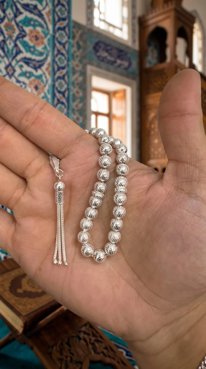 Özel İşlemeli Küre Kesim Bilek Boy 925 Ayar Gümüş Tesbih