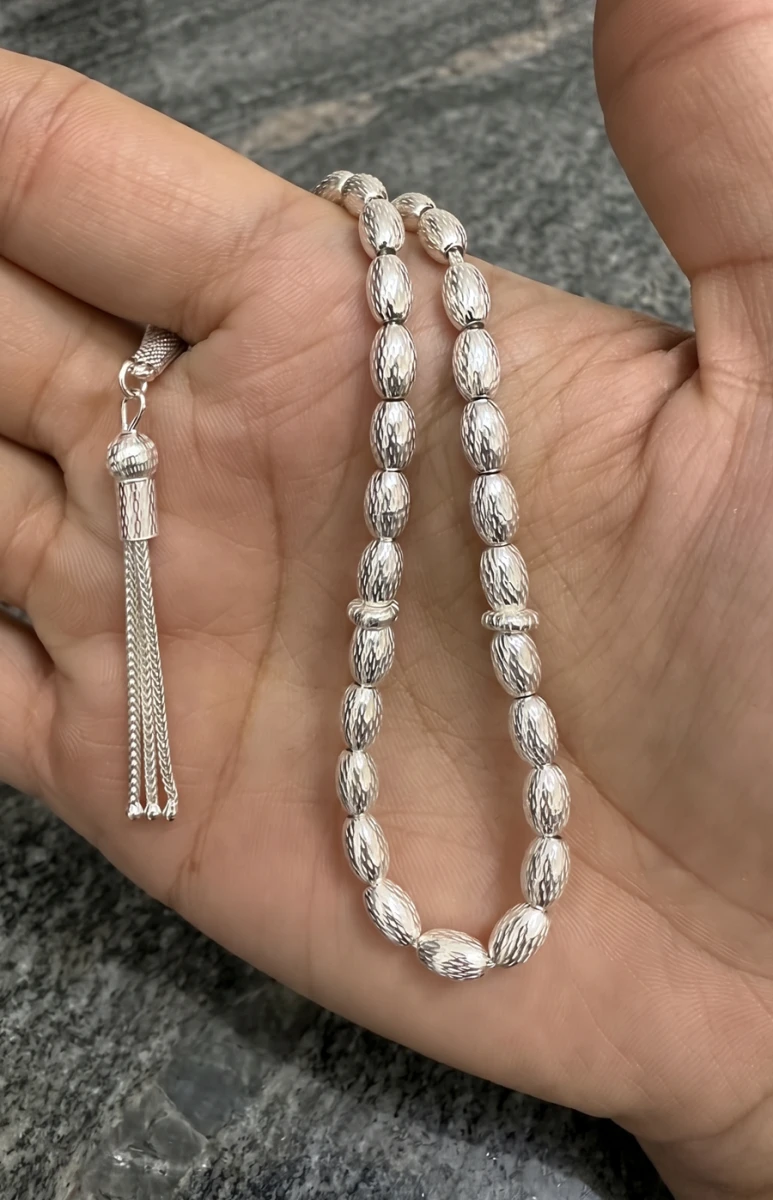 Premium Seri Desenli Arpa Kesim 925 Ayar Gümüş Tesbih