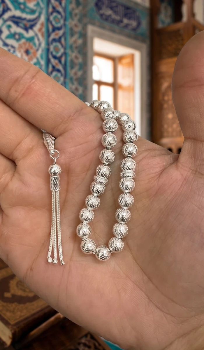 Özel İşlemeli Küre Kesim Bilek Boy 925 Ayar Gümüş Tesbih