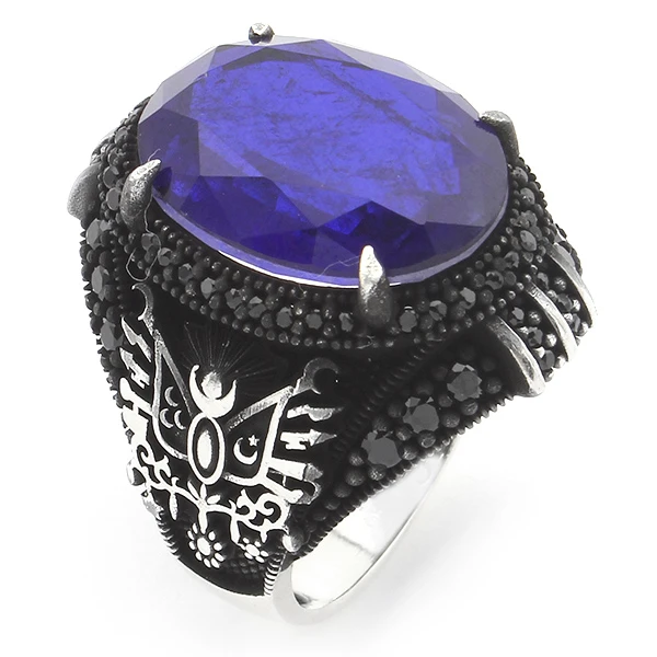 Oval Doğal Paraiba Osmanlı Devlet Arması Tasarım Mikro Taş Gümüş Yüzük