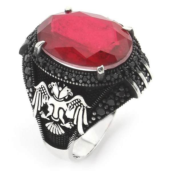 Oval Doğal Paraiba Selçuklu Kartalı Tasarım Mikro Taş Gümüş Yüzük