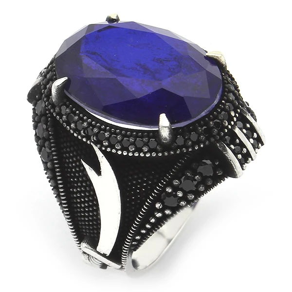 Oval Doğal Paraiba Zülfikar Kılıcı Tasarım Mikro Taş Gümüş Yüzük