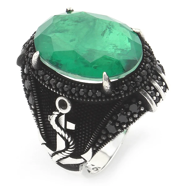 Oval Doğal Paraiba Çapa Tasarım Mikro Taş Gümüş Erkek Yüzük