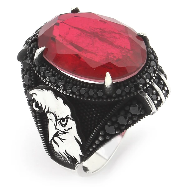 Oval Doğal Paraiba Kartal Tasarım Mikro Taş Gümüş Erkek Yüzük