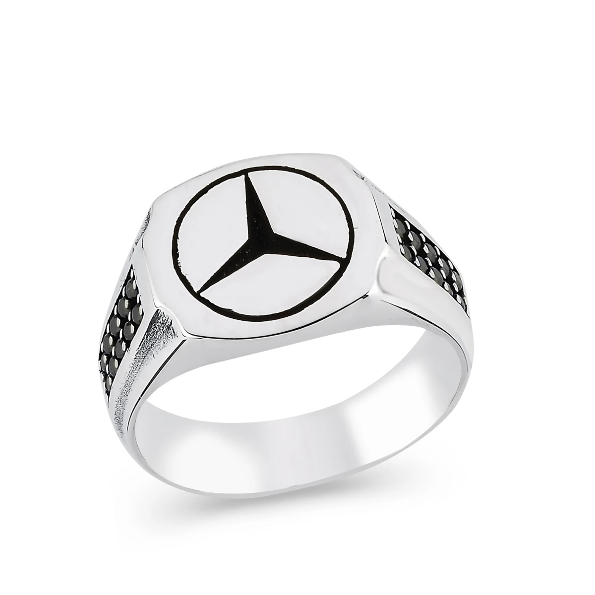 Yanı Siyah Taşlı Modern Altıgen Mercedes Erkek Yüzüğü
