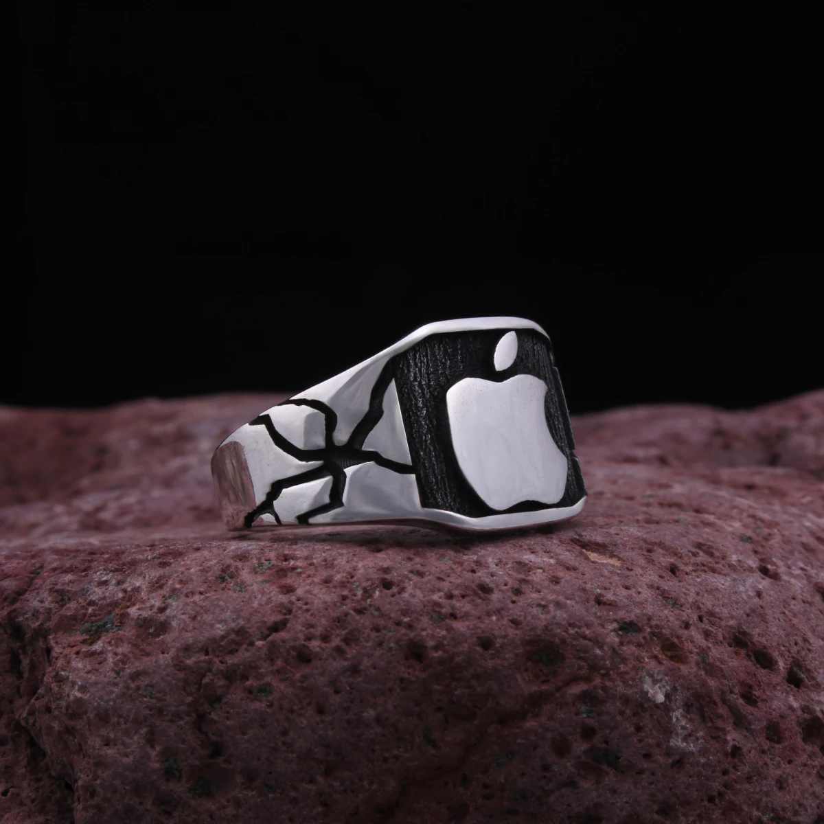 Apple Elma Tasarım Gümüş Erkek Yüzüğü