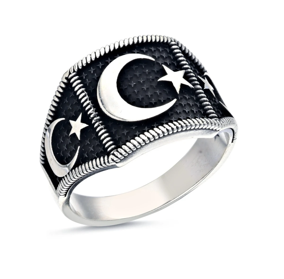 Mat Siyah Zeminli ve Ay Yıldızlı Erkek Yüzüğü