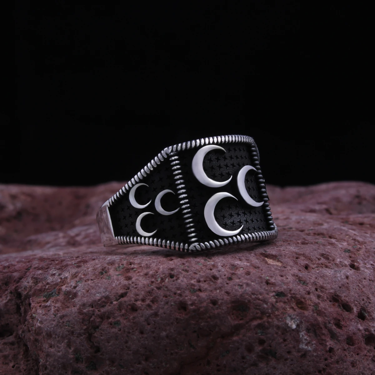 Üç Hilal Tasarım Gümüş Erkek Yüzüğü