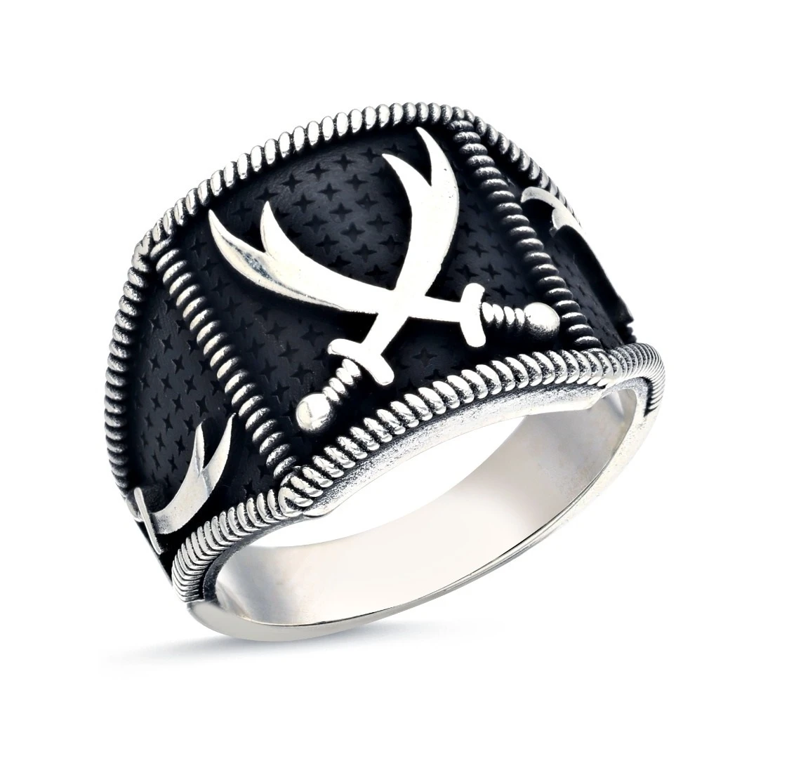 Zülfikar Kılıç Motifli ve Mat Siyah Zeminli Erkek Yüzüğü