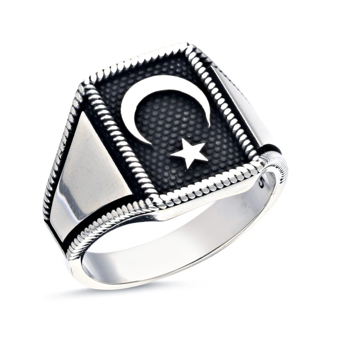 Modern Kare Form Ay Yıldızlı Erkek Yüzüğü