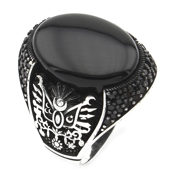 Oval Kapüşon Osmanlı Armalı Siyah Oniks Taşlı Erkek Yüzük