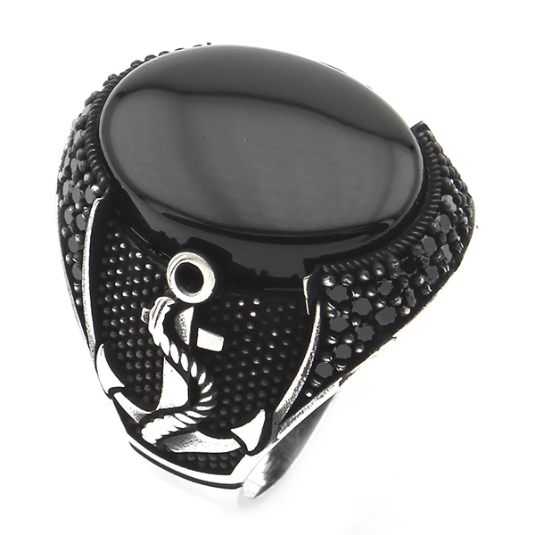 Oval Kapüşon Çapa Motifli Siyah Oniks Taşlı Erkek Yüzük