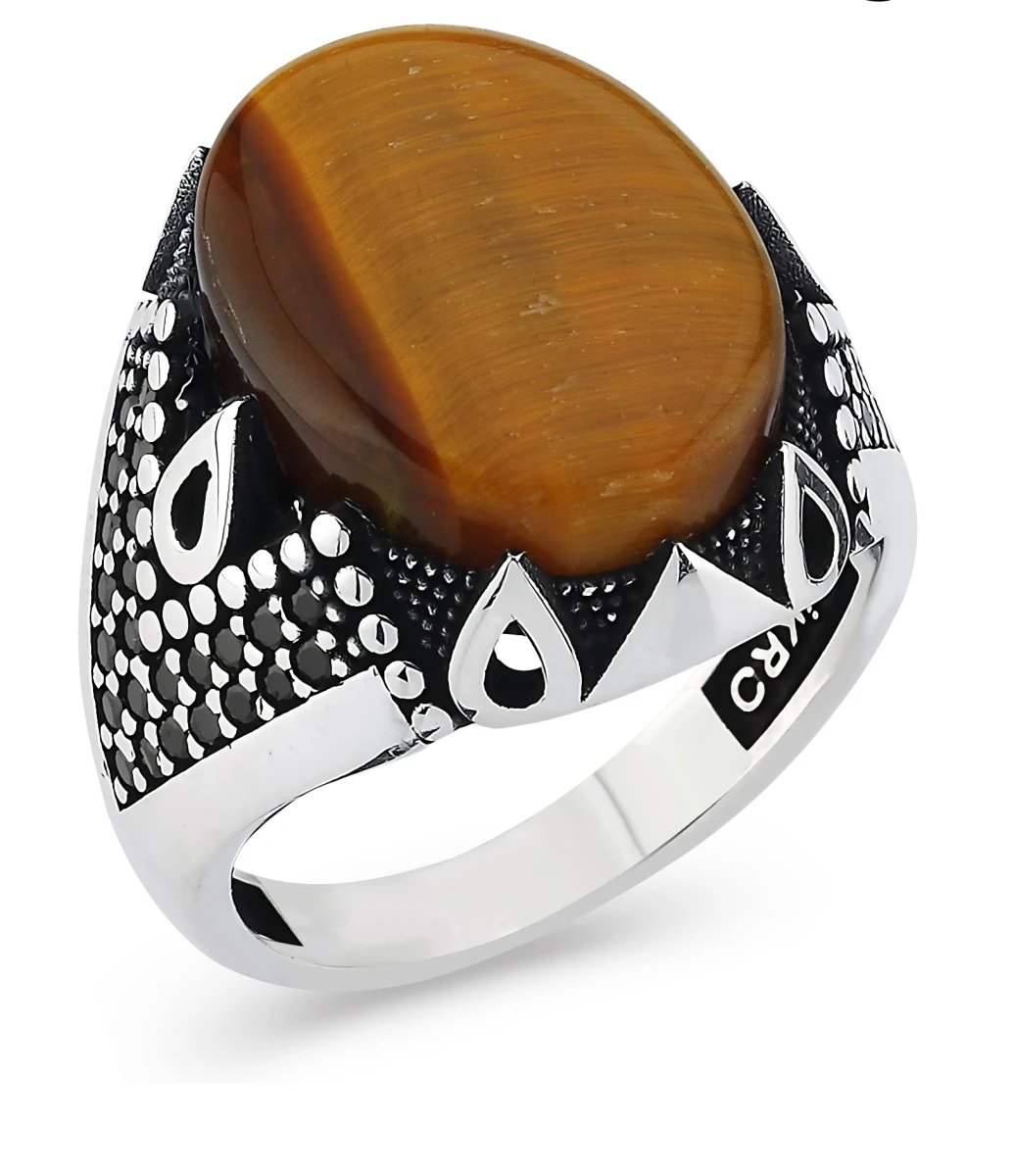 Oval Kapüşon Kaplan Gözü Taşlı Piramit Detaylı Mühür Erkek Yüzük