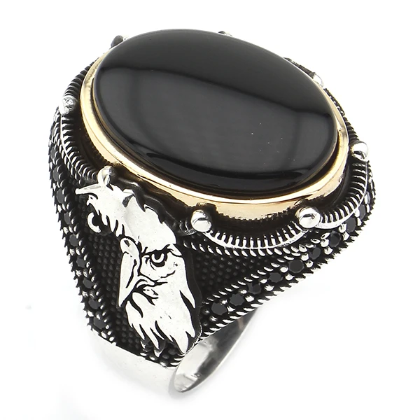 Oval Kapüşon Kartal Sembollü Siyah Oniks Mühür Erkek Yüzük