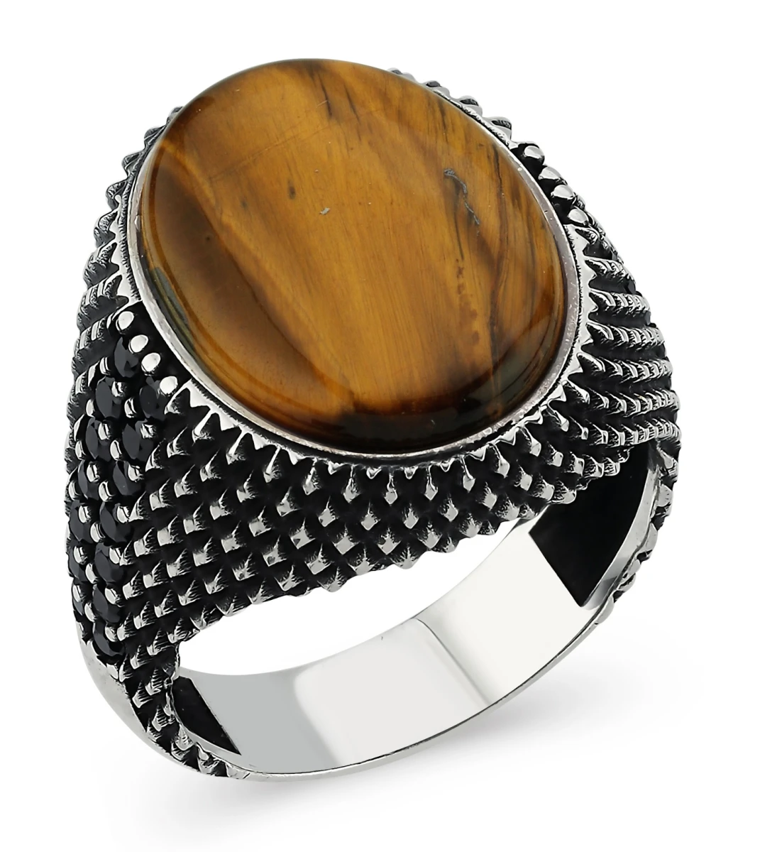 Oval Kapüşon Piramit İşlemeli Kaplan Gözü Taşlı Erkek Yüzük