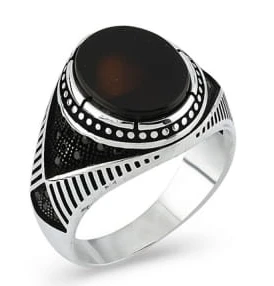 Akik Taşlı Yanları Işınsal Çizgili ve V Formlu Üçgen Taşlı Modern Erkek Yüzük