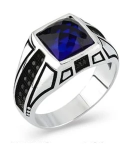 Kare Kesim Lacivert Taşlı Erkek Yüzük