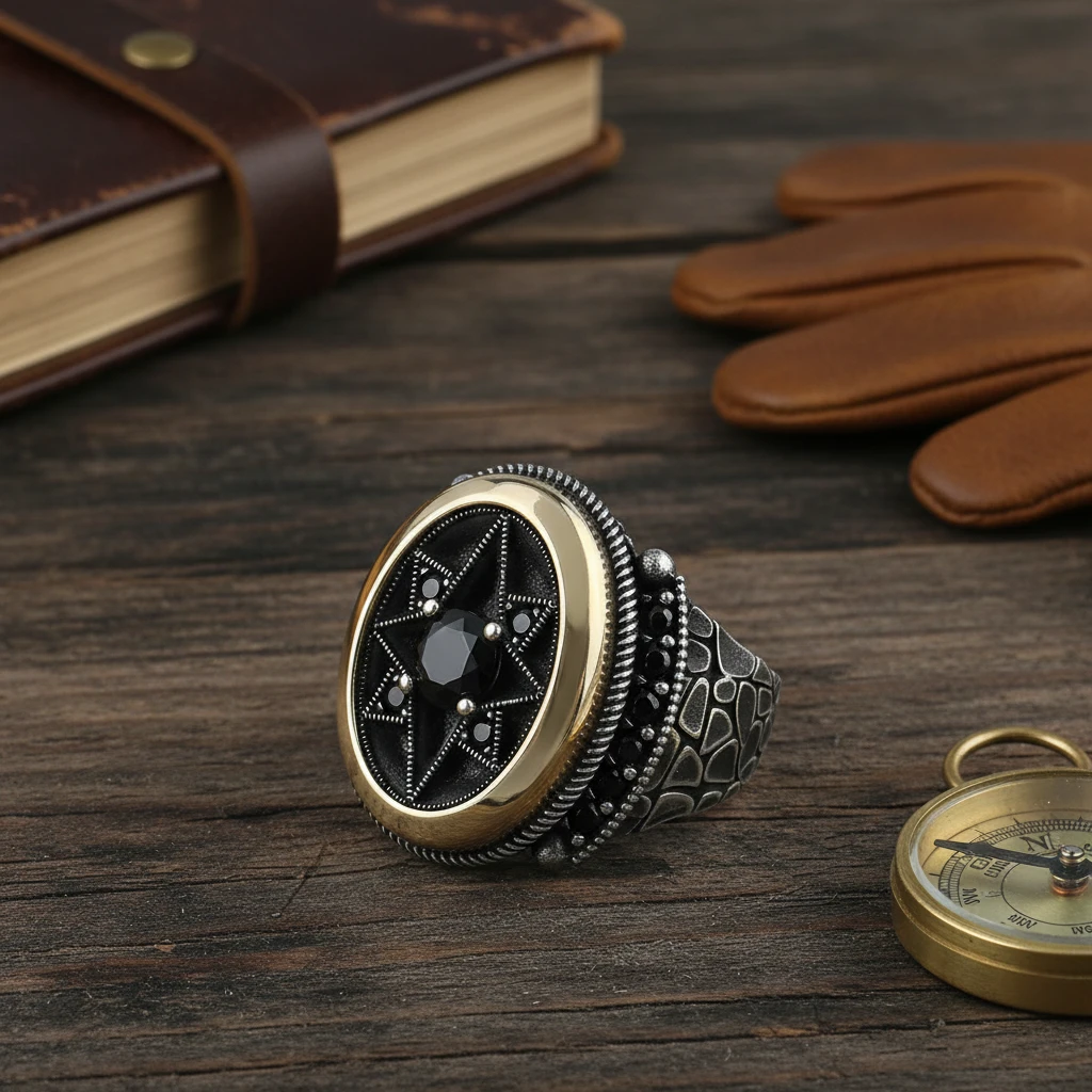 Heybetli Kare Tasarım Kırmızı Taşlı At Figürlü Erkek Yüzük