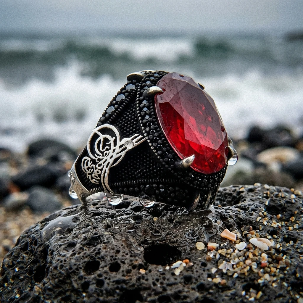 Oval Doğal Paraiba Osmanlı Tuğra Tasarım Mikro Taş Gümüş Erkek Yüzüğü