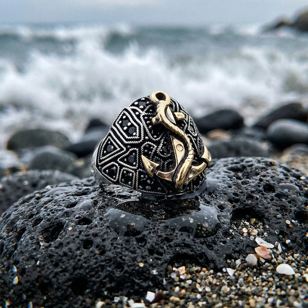 Siyah Zirkon Taşlı Çapa Figürlü Erkek Yüzük