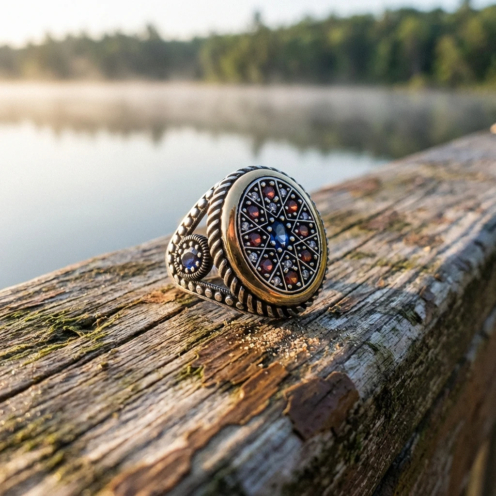 Renkli Taşlı Selçuklu Yıldızı Erkek Yüzük